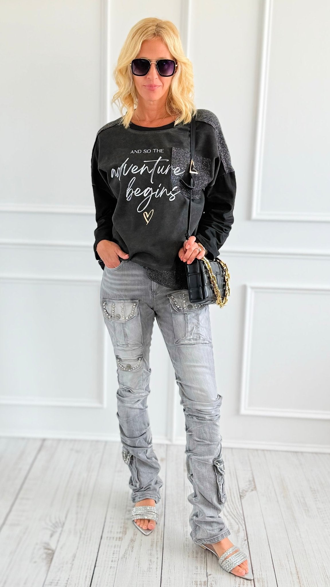Rhinestone Stack Pocket Denim Jean- Grey-170 Bottoms-SMOKE RISE RED-Coastal Bloom Boutique, find the trendiest versions of the popular styles and looks Located in Indialantic, FL
