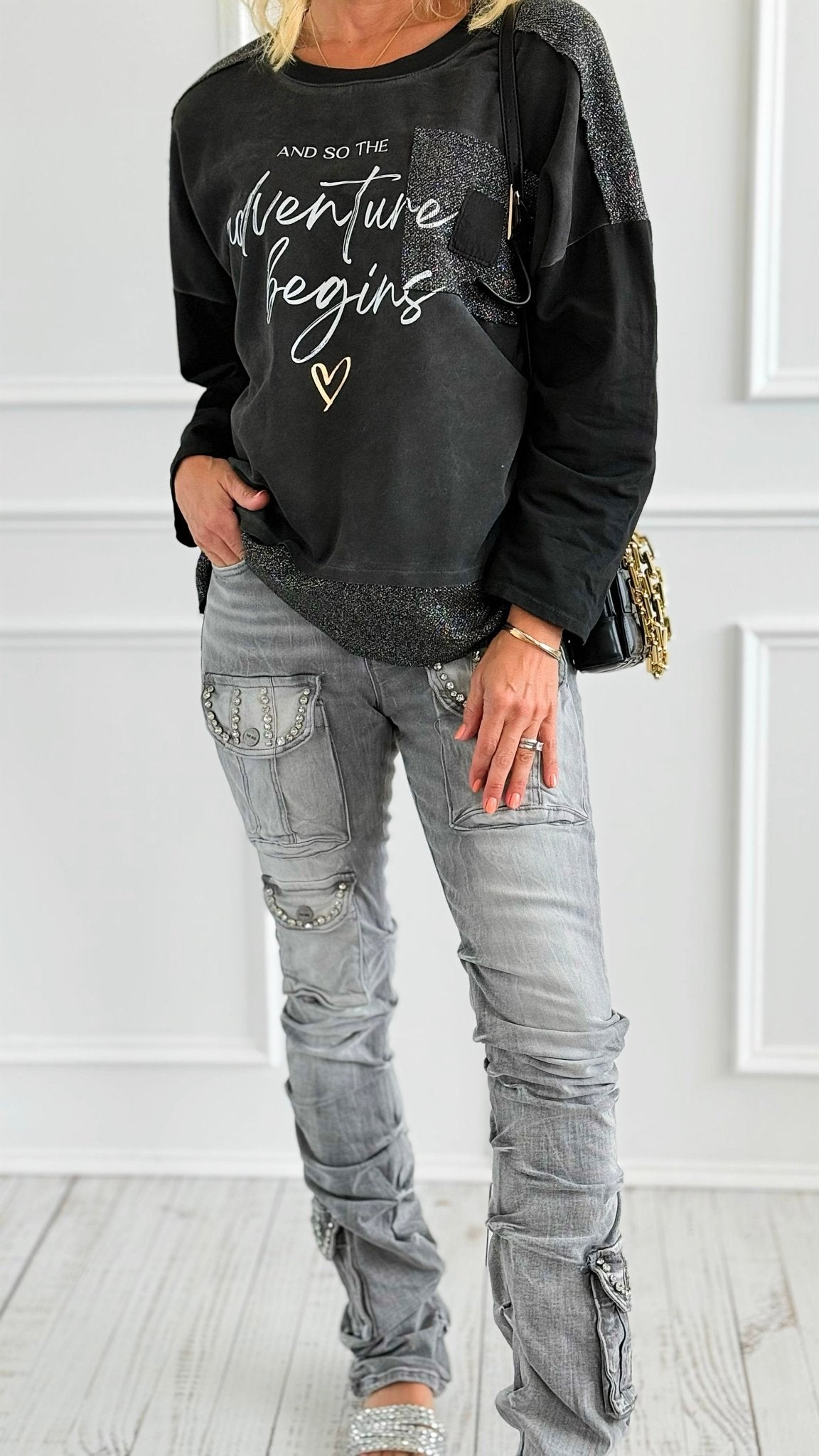 Rhinestone Stack Pocket Denim Jean- Grey-170 Bottoms-SMOKE RISE RED-Coastal Bloom Boutique, find the trendiest versions of the popular styles and looks Located in Indialantic, FL