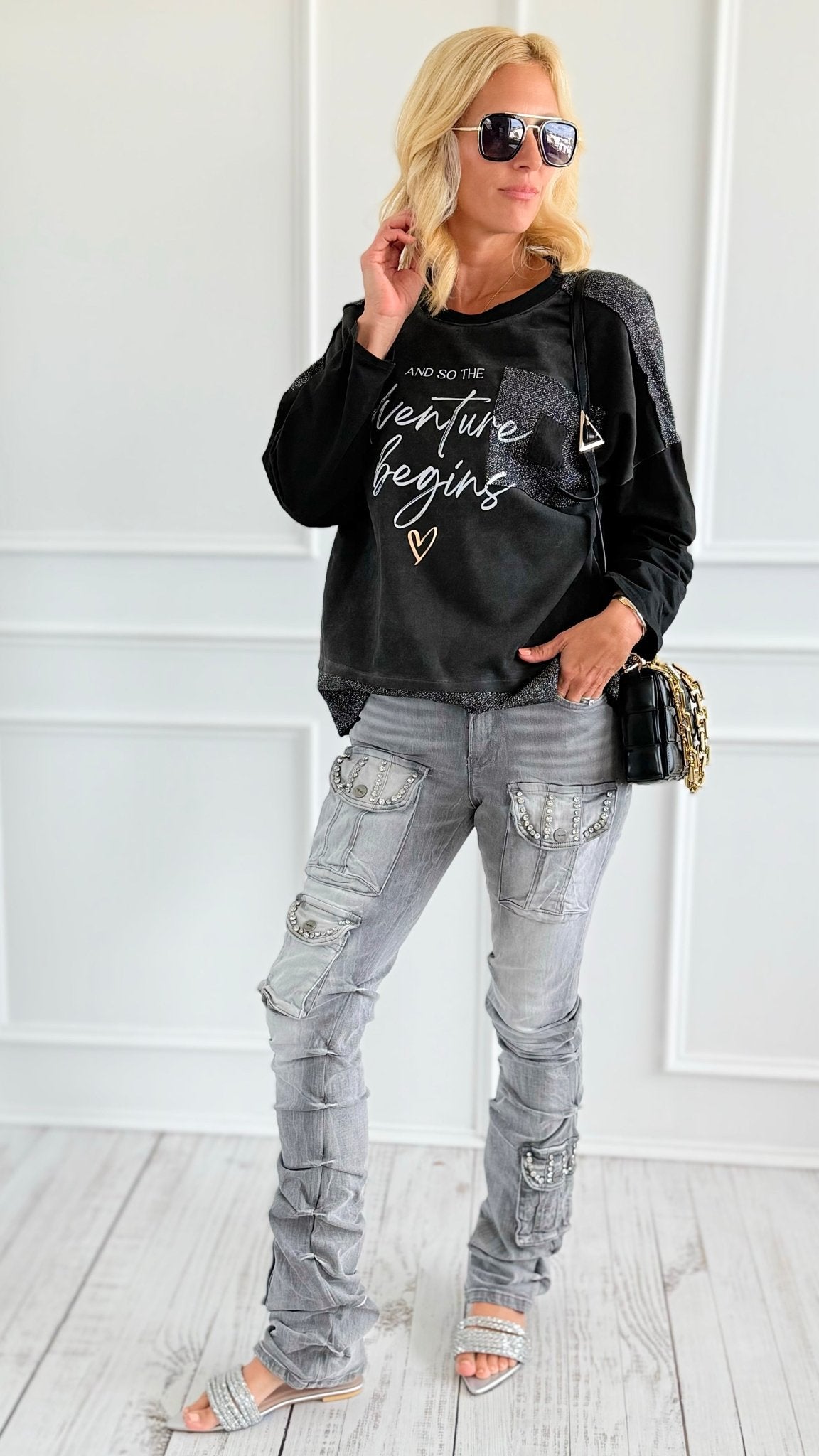 Rhinestone Stack Pocket Denim Jean- Grey-170 Bottoms-SMOKE RISE RED-Coastal Bloom Boutique, find the trendiest versions of the popular styles and looks Located in Indialantic, FL