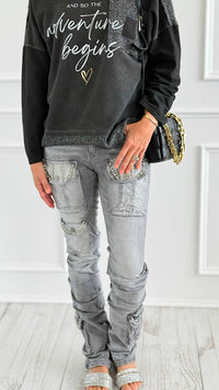 Rhinestone Stack Pocket Denim Jean- Grey-170 Bottoms-SMOKE RISE RED-Coastal Bloom Boutique, find the trendiest versions of the popular styles and looks Located in Indialantic, FL