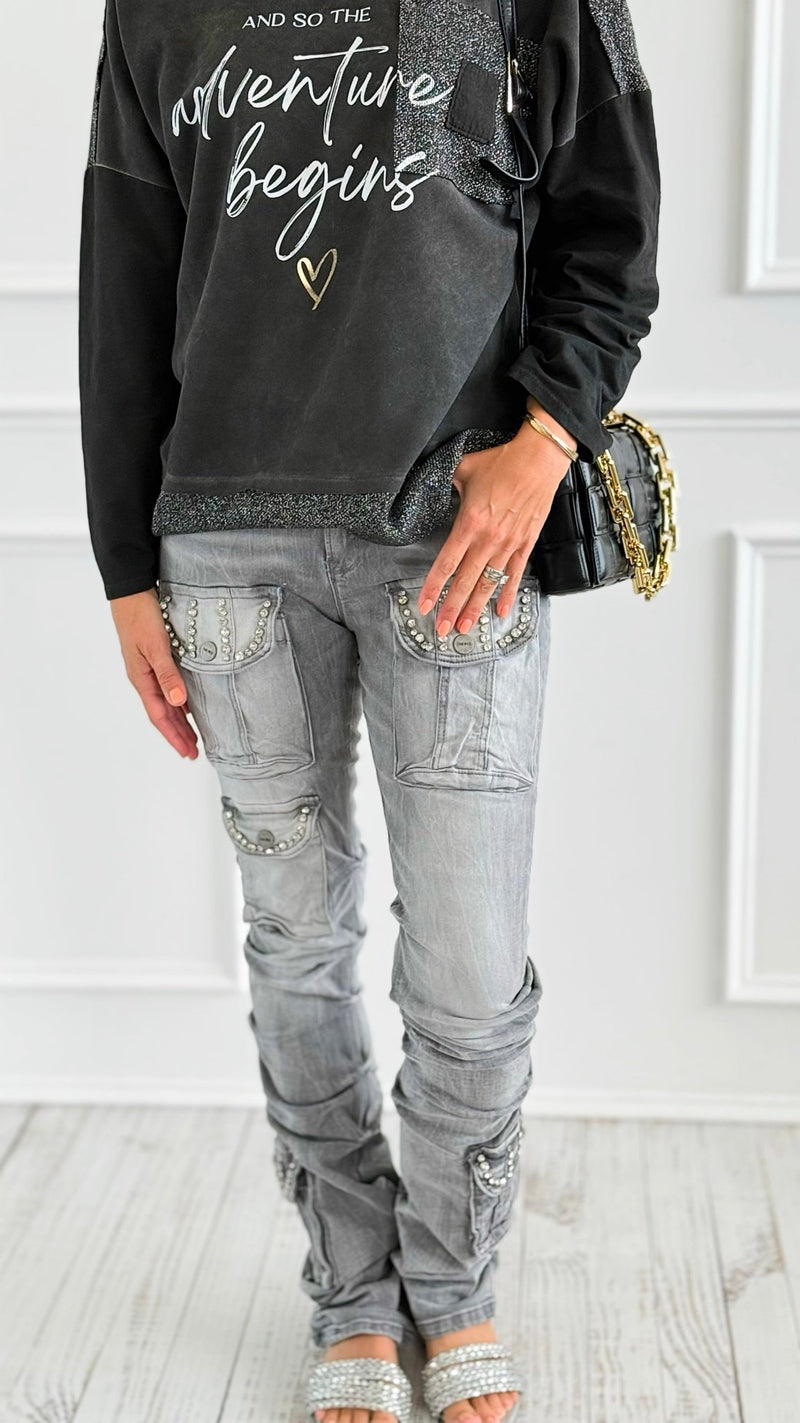 Rhinestone Stack Pocket Denim Jean- Grey-170 Bottoms-SMOKE RISE RED-Coastal Bloom Boutique, find the trendiest versions of the popular styles and looks Located in Indialantic, FL