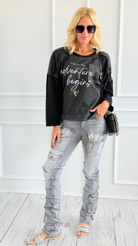 Rhinestone Stack Pocket Denim Jean- Grey-170 Bottoms-SMOKE RISE RED-Coastal Bloom Boutique, find the trendiest versions of the popular styles and looks Located in Indialantic, FL