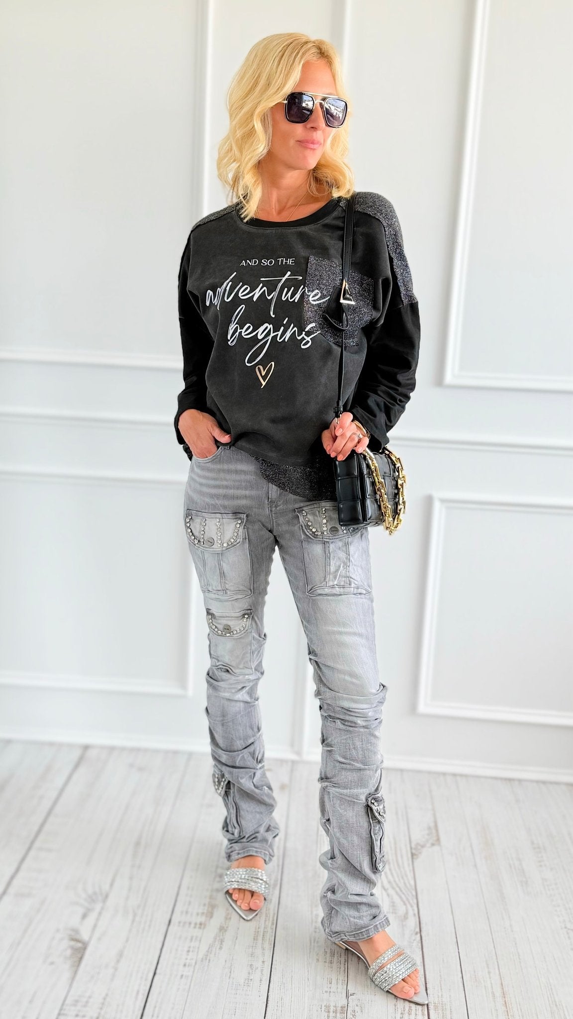 Rhinestone Stack Pocket Denim Jean- Grey-170 Bottoms-SMOKE RISE RED-Coastal Bloom Boutique, find the trendiest versions of the popular styles and looks Located in Indialantic, FL