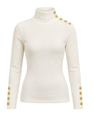 Ribbed Turtle Neck Top w/ Embellished Shoulder - Ivory