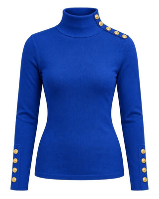 Ribbed Turtle Neck Top w/ Embellished Shoulder - Royal Blue