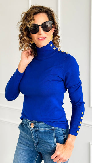 Ribbed Turtle Neck Top w/ Embellished Shoulder - Royal Blue-140 Sweaters-Cielo-Coastal Bloom Boutique, find the trendiest versions of the popular styles and looks Located in Indialantic, FL
