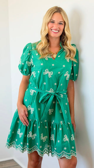 Ribbon Embroidered Mini Dress