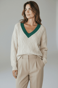 Ribbon Whisper V-Neck Cable Sweater-140 Sweaters-Rousseau-Coastal Bloom Boutique, find the trendiest versions of the popular styles and looks Located in Indialantic, FL