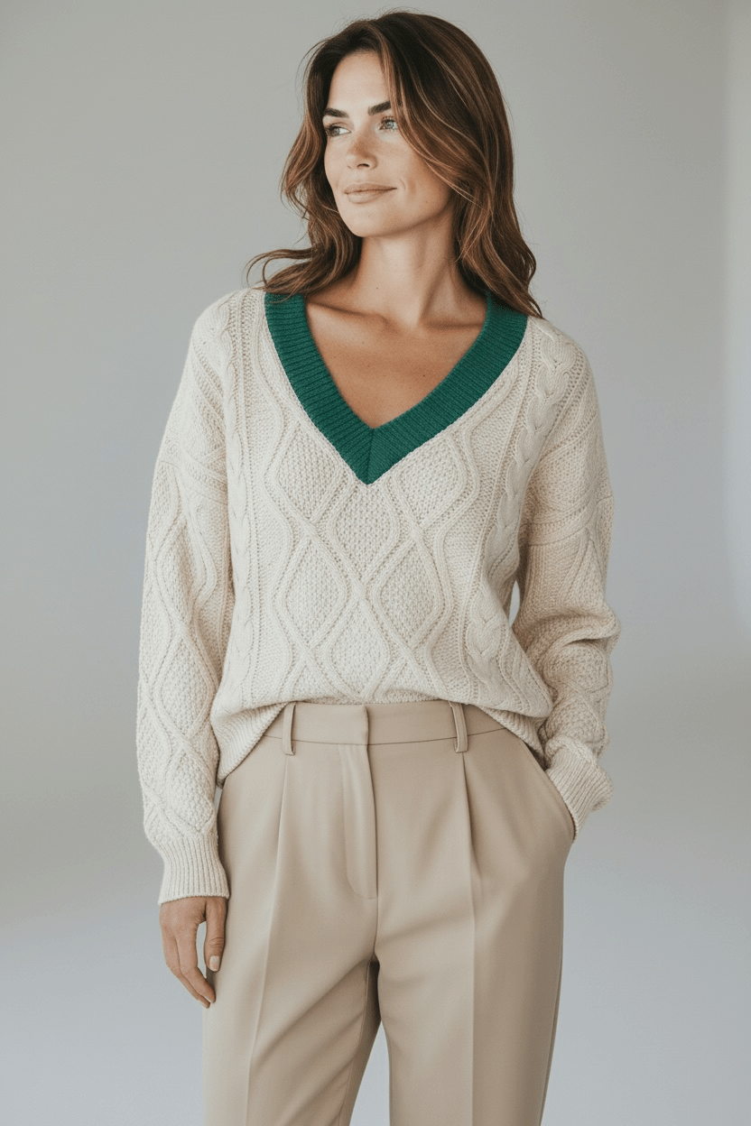 Ribbon Whisper V-Neck Cable Sweater-140 Sweaters-Rousseau-Coastal Bloom Boutique, find the trendiest versions of the popular styles and looks Located in Indialantic, FL