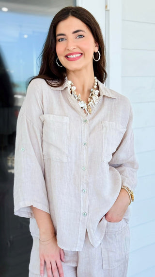 Riviera Days Linen Italian Button Top- Beige