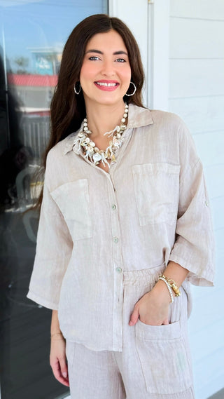 Riviera Days Linen Italian Button Top- Beige