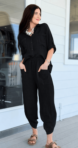 Riviera Days Linen Italian Button Top- Black