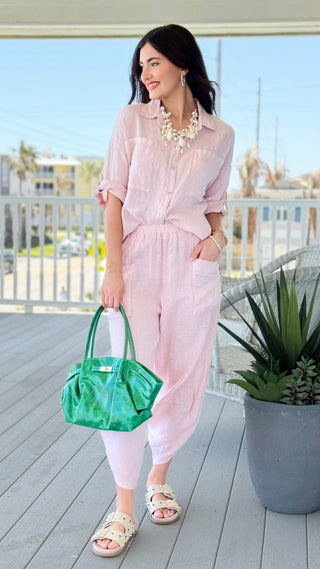 Riviera Days Linen Italian Button Top- Blush