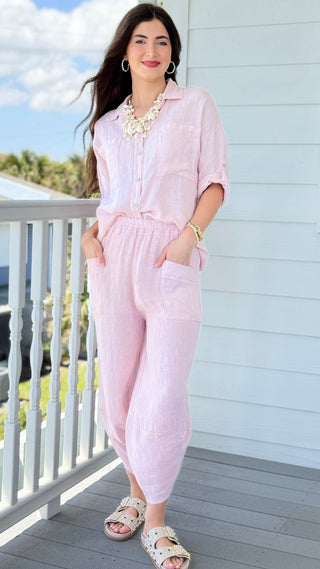 Riviera Days Linen Italian Button Top- Blush
