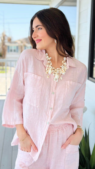 Riviera Days Linen Italian Button Top- Blush