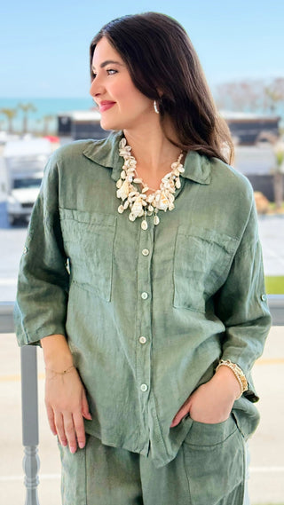 Riviera Days Linen Italian Button Top- Olive