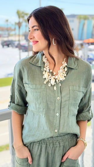 Riviera Days Linen Italian Button Top- Olive