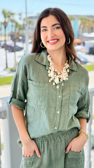 Riviera Days Linen Italian Button Top- Olive
