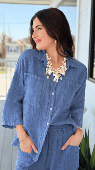 Riviera Days Linen Italian Button Top- Steel Blue