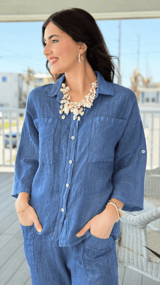 Riviera Days Linen Italian Button Top- Steel Blue
