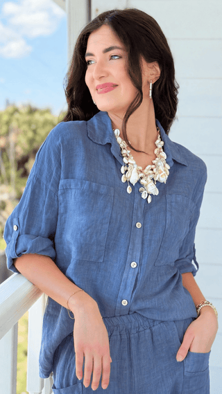 Riviera Days Linen Italian Button Top- Steel Blue