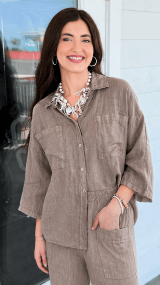Riviera Days Linen Italian Button Top-Taupe