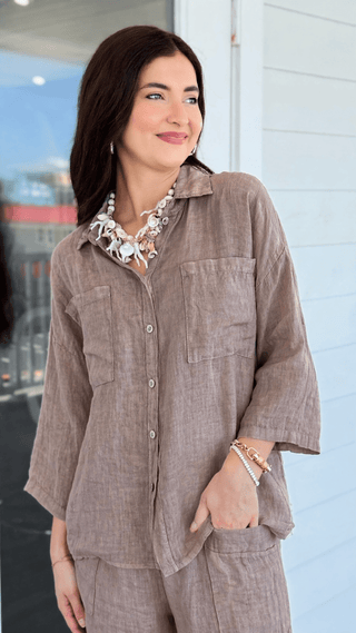 Riviera Days Linen Italian Button Top-Taupe