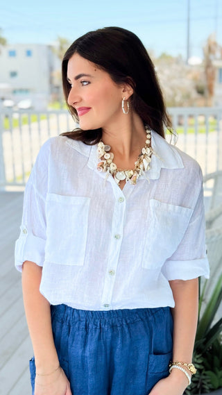 Riviera Days Linen Italian Button Top- White