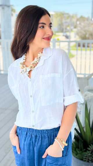Riviera Days Linen Italian Button Top- White