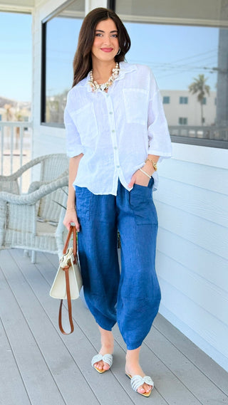 Riviera Days Linen Italian Button Top- White