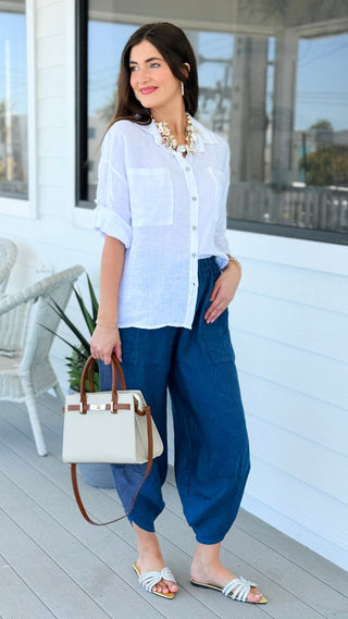 Riviera Days Linen Italian Button Top- White
