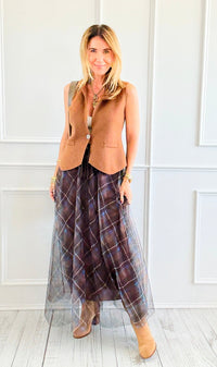 Romance In plaid Tulle Italian Skirt- Brown-170 Bottoms-AZUL MONACO-Coastal Bloom Boutique, find the trendiest versions of the popular styles and looks Located in Indialantic, FL
