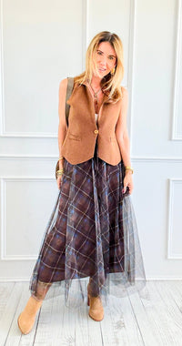 Romance In plaid Tulle Italian Skirt- Brown-170 Bottoms-AZUL MONACO-Coastal Bloom Boutique, find the trendiest versions of the popular styles and looks Located in Indialantic, FL