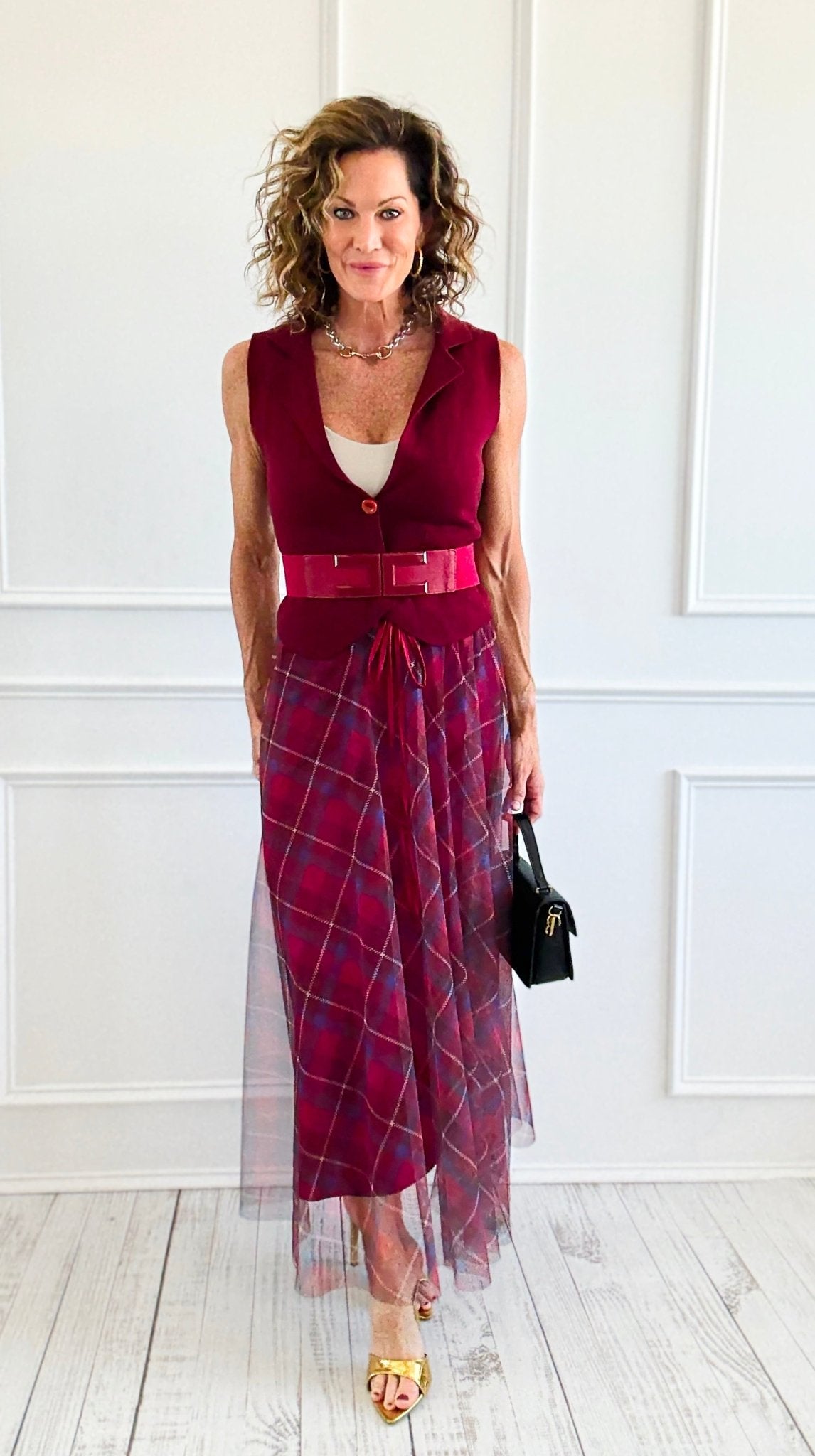 Romance In plaid Tulle Italian Skirt- Wine-170 Bottoms-AZUL MONACO-Coastal Bloom Boutique, find the trendiest versions of the popular styles and looks Located in Indialantic, FL