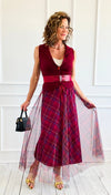 Romance In plaid Tulle Italian Skirt- Wine-170 Bottoms-AZUL MONACO-Coastal Bloom Boutique, find the trendiest versions of the popular styles and looks Located in Indialantic, FL