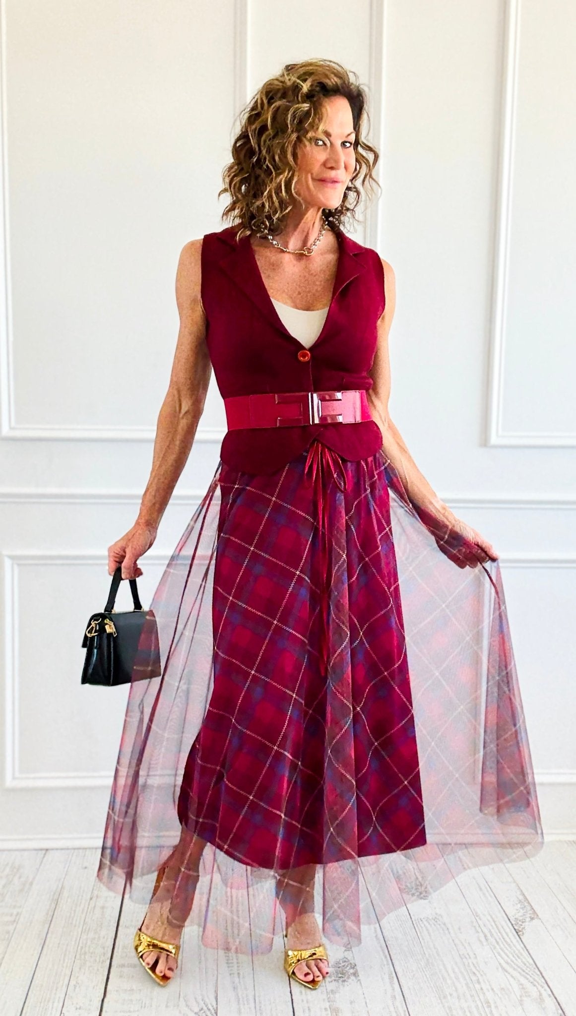 Romance In plaid Tulle Italian Skirt- Wine-170 Bottoms-AZUL MONACO-Coastal Bloom Boutique, find the trendiest versions of the popular styles and looks Located in Indialantic, FL