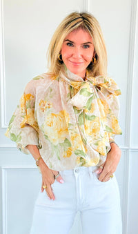 Romance Rose Tie Neck Button Italian Top