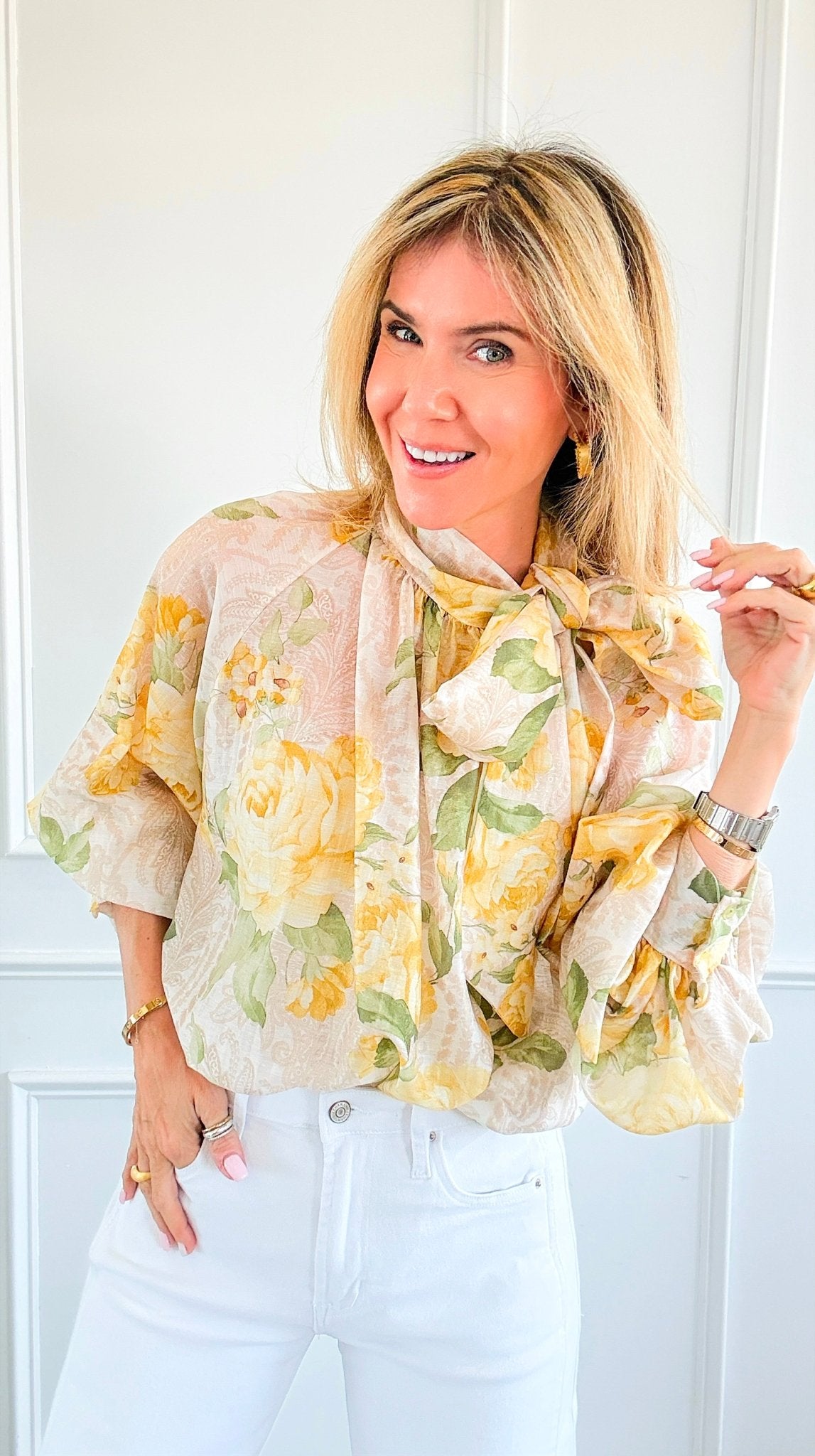 Romance Rose Tie Neck Button Italian Top