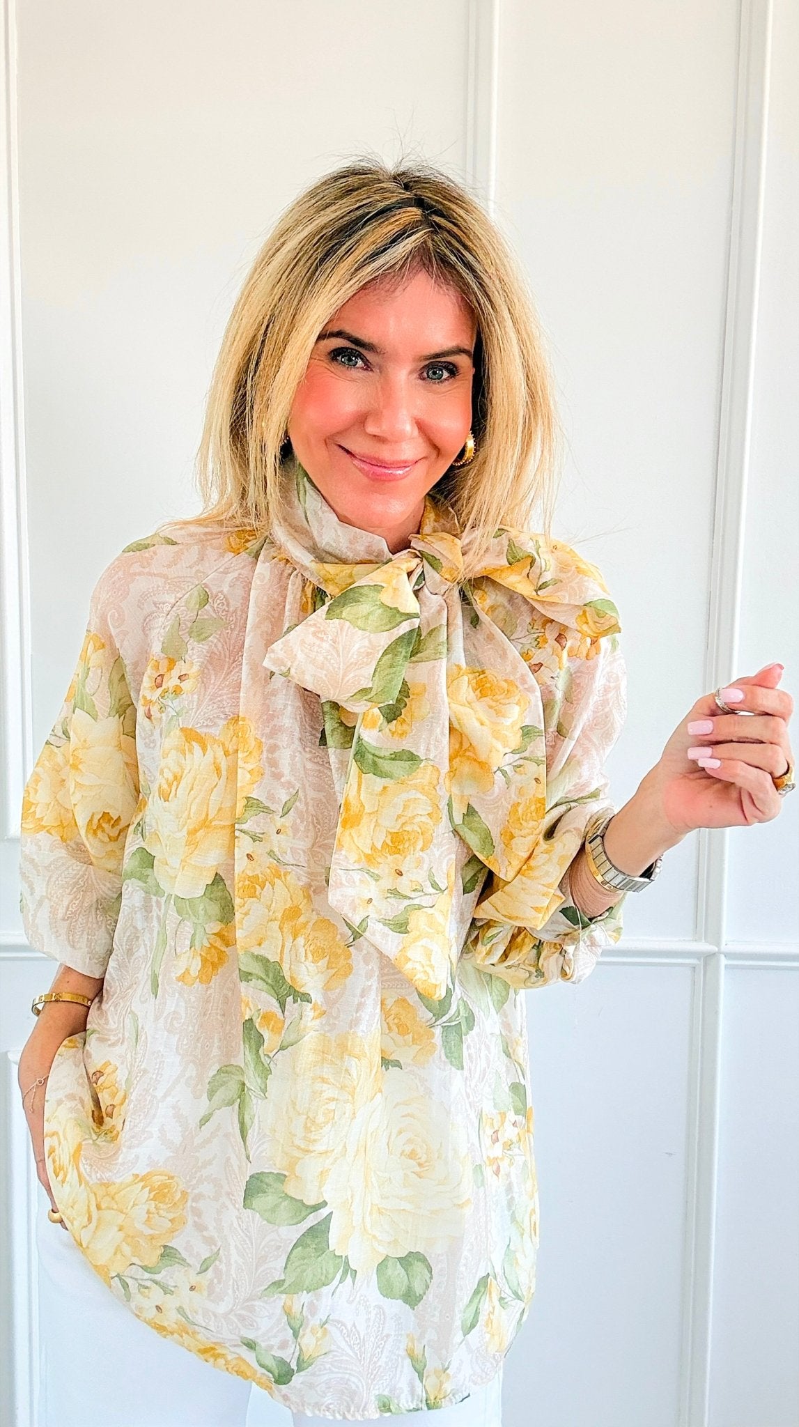 Romance Rose Tie Neck Button Italian Top