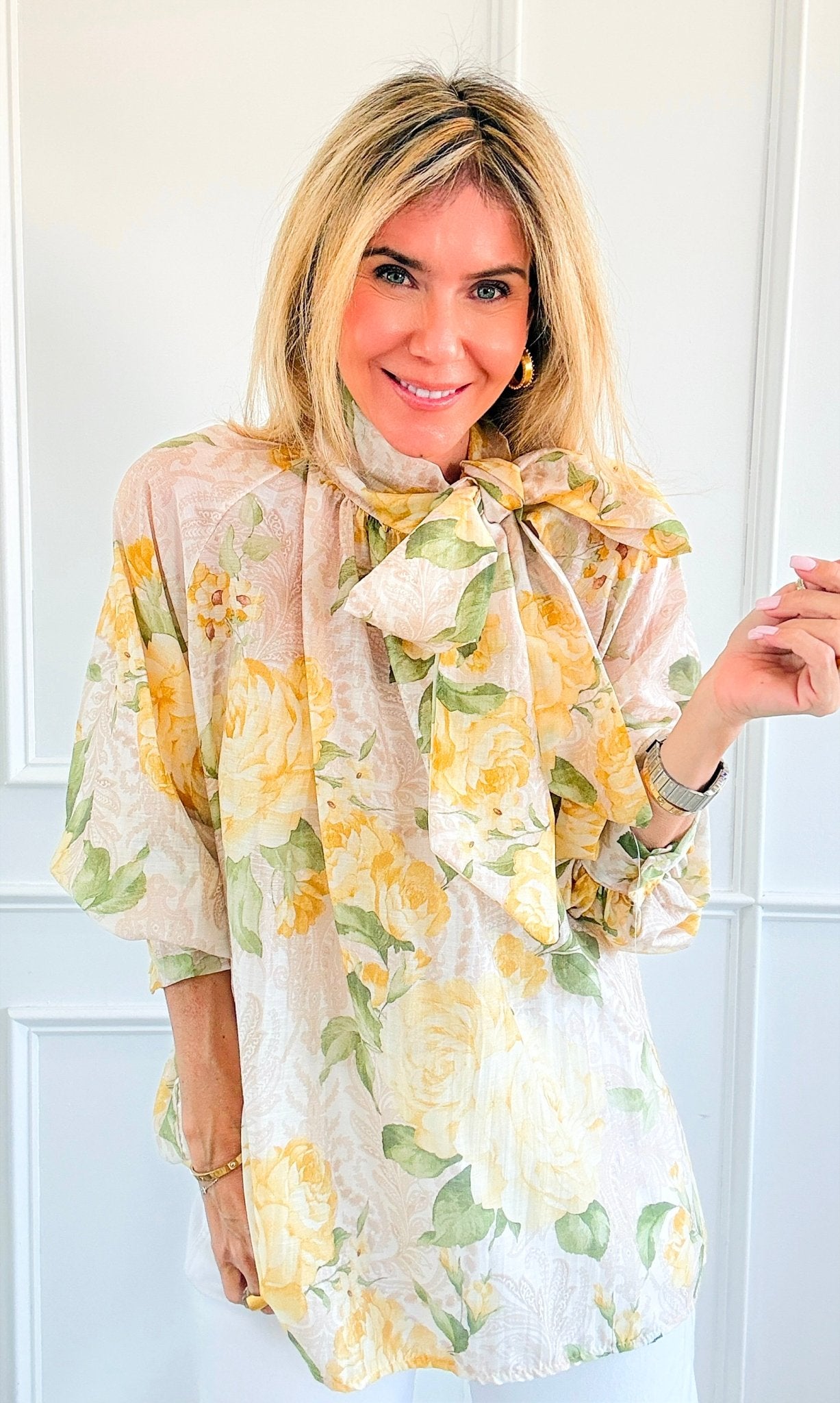 Romance Rose Tie Neck Button Italian Top