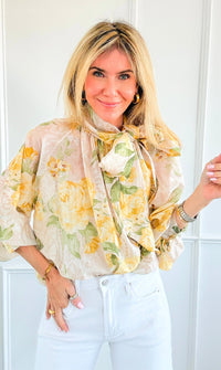 Romance Rose Tie Neck Button Italian Top