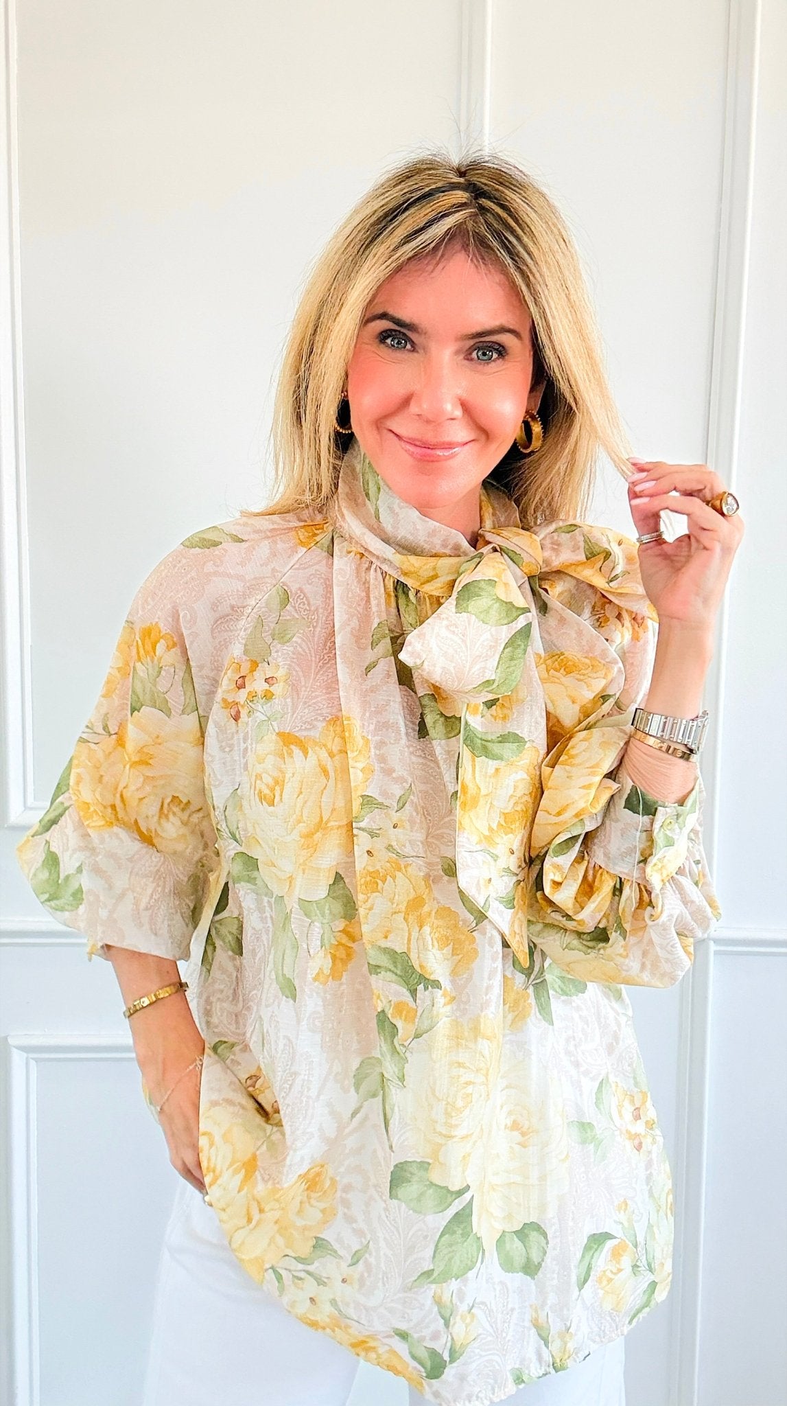 Romance Rose Tie Neck Button Italian Top