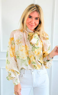 Romance Rose Tie Neck Button Italian Top