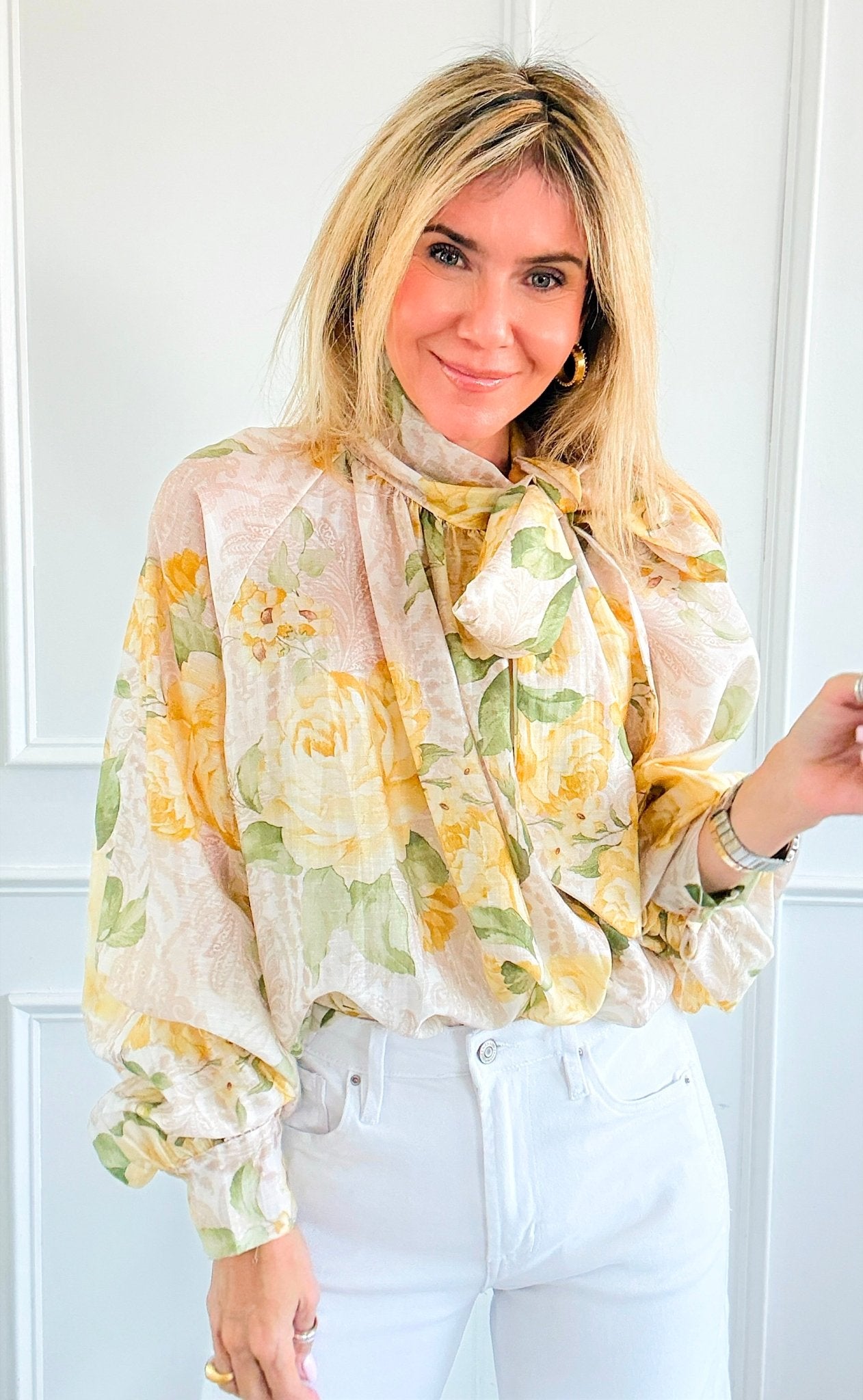 Romance Rose Tie Neck Button Italian Top