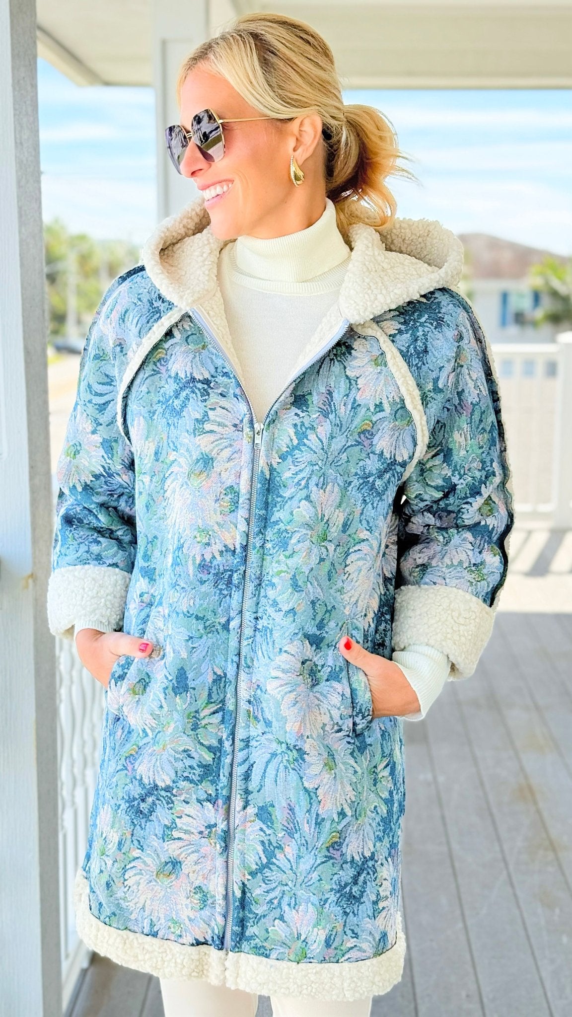 Romantic Heritage Hooded Coat - Seafoam/Blue-160 Jackets-mystree-Coastal Bloom Boutique, find the trendiest versions of the popular styles and looks Located in Indialantic, FL