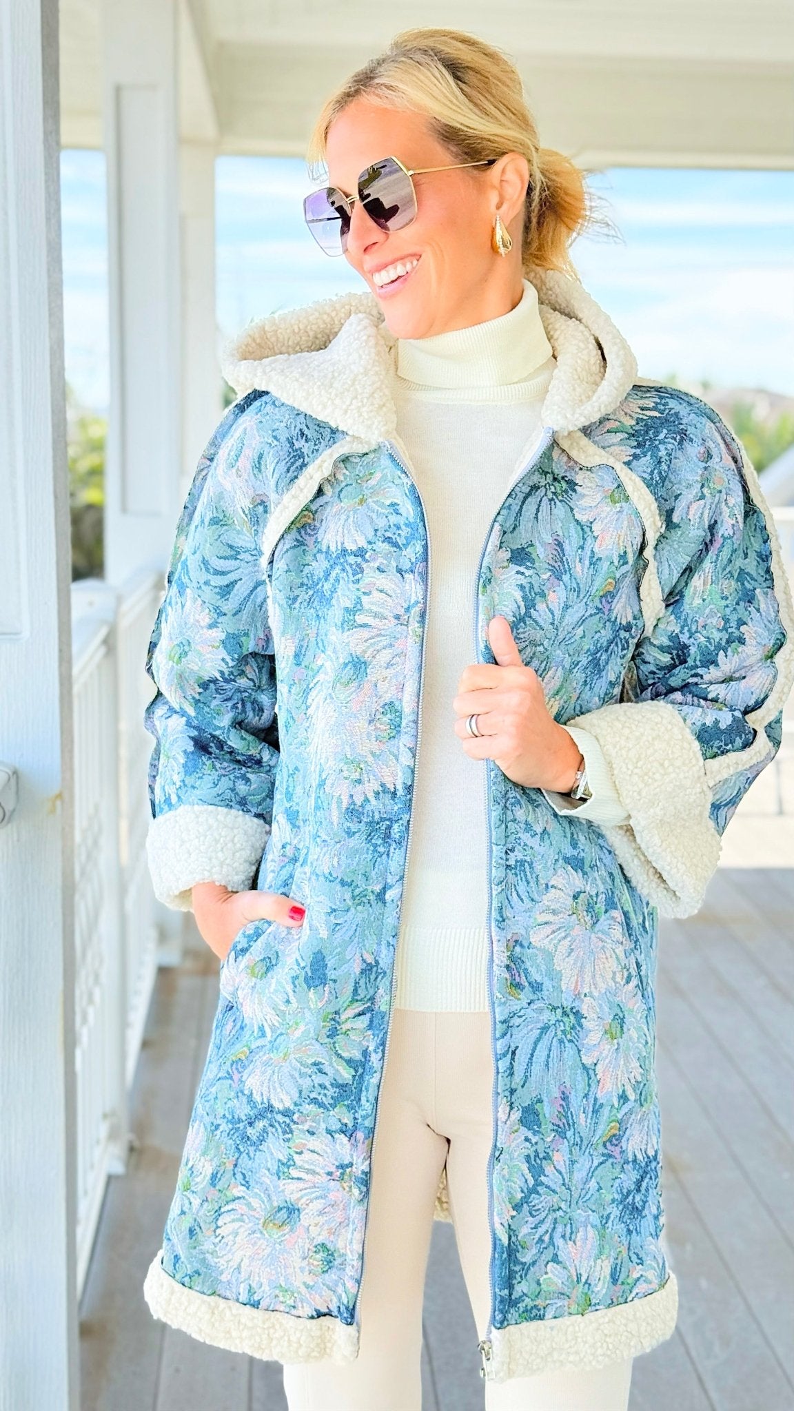 Romantic Heritage Hooded Coat - Seafoam/Blue-160 Jackets-mystree-Coastal Bloom Boutique, find the trendiest versions of the popular styles and looks Located in Indialantic, FL