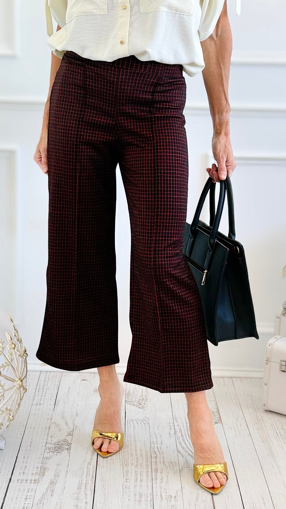 Rose Cropped Wide Leg Pant - Black Red-100 Pants-spin usa-Coastal Bloom Boutique, find the trendiest versions of the popular styles and looks Located in Indialantic, FL