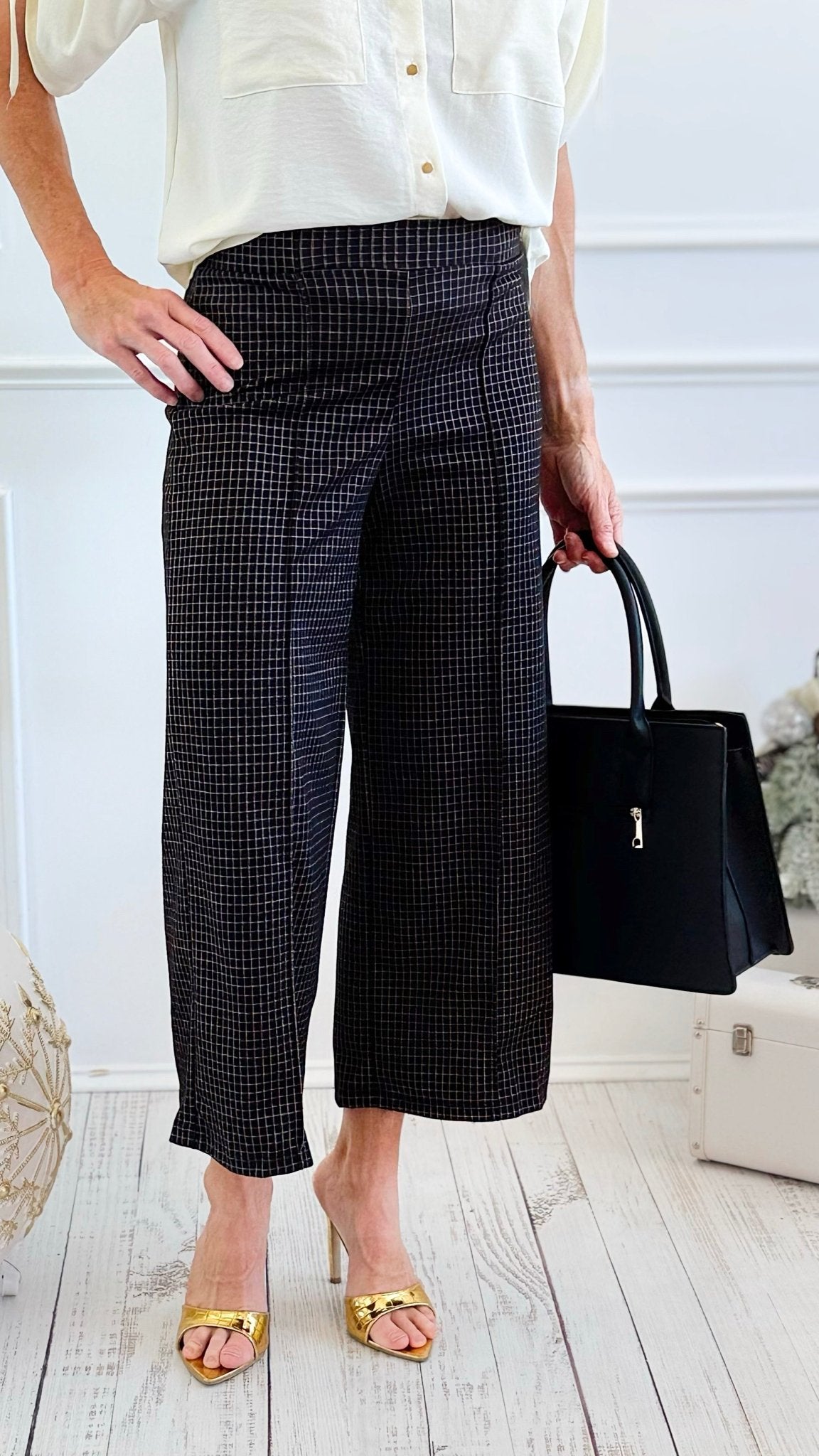 Rose Cropped Wide Leg Pant - Black Rose-100 Pants-spin usa-Coastal Bloom Boutique, find the trendiest versions of the popular styles and looks Located in Indialantic, FL