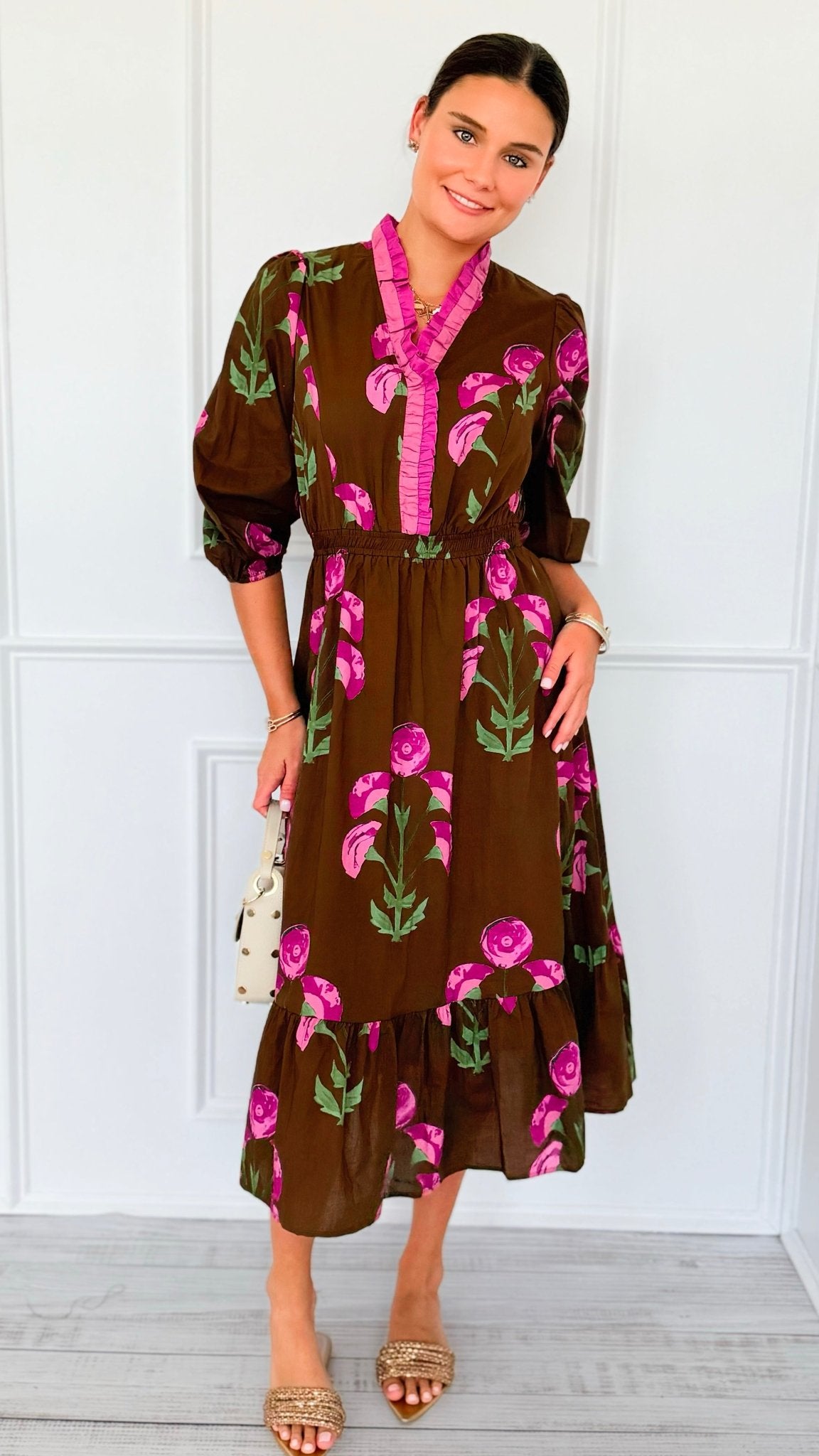 Rosewood Bloom Printed Ruffle Dress-200 Dresses/Jumpsuits/Rompers-Umgee-Coastal Bloom Boutique, find the trendiest versions of the popular styles and looks Located in Indialantic, FL
