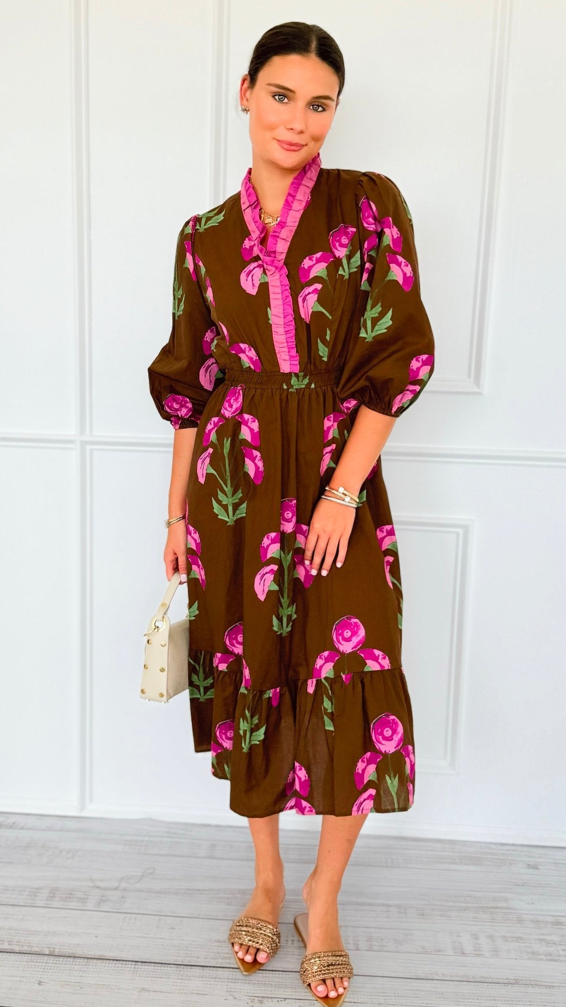 Rosewood Bloom Printed Ruffle Dress-200 Dresses/Jumpsuits/Rompers-Umgee-Coastal Bloom Boutique, find the trendiest versions of the popular styles and looks Located in Indialantic, FL